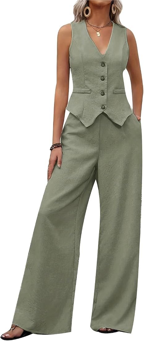 61S9sKPDniL._AC_SX466 MINTLIMIT Women’s 2-Piece Vest & Wide-Leg Trousers Set