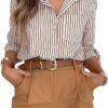 siliteelon Striped Button Down Shirts for Women Work Collared Dress Shirt