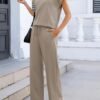 71e8M8dR21L._AC_SY606 Famulily Women’s 2-Piece Summer Tracksuit Set – Pleated Crew Neck Top & Wide-Leg Cropped Trousers with Pockets
