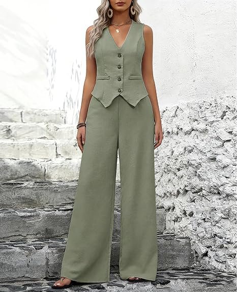 71wCbKLLSfL._AC_SX466 MINTLIMIT Women’s 2-Piece Vest & Wide-Leg Trousers Set