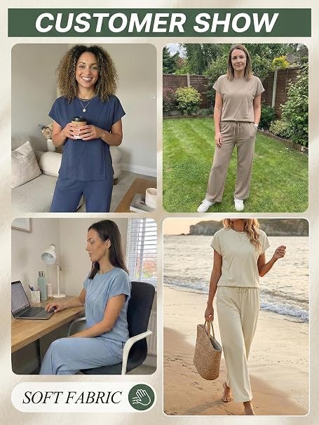 81ApNOEYVbL._AC_SY606 Famulily Women’s 2-Piece Summer Tracksuit Set – Pleated Crew Neck Top & Wide-Leg Cropped Trousers with Pockets