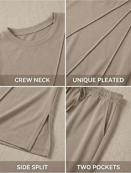 81fXYIE-22L._AC_SY606 Famulily Women’s 2-Piece Summer Tracksuit Set – Pleated Crew Neck Top & Wide-Leg Cropped Trousers with Pockets