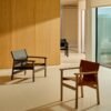 Jan chair made of light brown recycled leather fibres and FSC 100% solid ash wood with natural tone finish